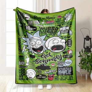 Rick and Morty Quotes Flannel Blanket Green Graffiti Art Pickle Rick Get Schwifty Wubba Lubba Dub Dub Print Soft Warm Fuzzy Throw Perfect for Gamer Room Dorm Bedroom Sofa Couch Lounging Funny Gift