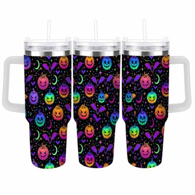 Neon Pumpkin Bat Car Cup 40oz 30oz Colorful Jack O Lantern Gothic Pattern Thermal Insulated Stainless Steel Tumbler Leakproof Handle Travel Mug Holiday Party Gift Daily Office Usage Outdoor Adventure Camping Accessory
