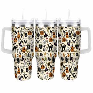 Spooky Halloween Tumbler 40oz/30oz Pumpkin Ghost Witch Hat Print Insulated Stainless Steel Travel Mug Double Wall Vacuum Cup Perfect For Fall Festive Party Office Daily Commute Gift Idea