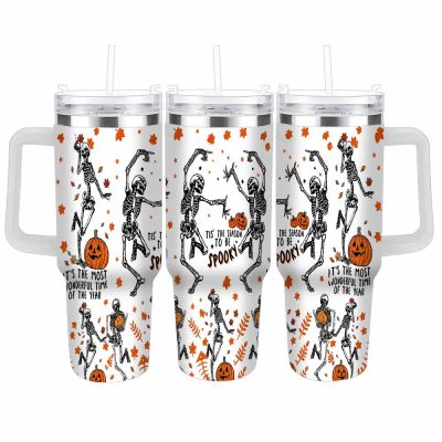 Spooky Halloween Skeleton Car Tumbler (40oz/30oz) Dancing Skeletons And Pumpkin Print Insulated Stainless Steel Mug Durable Leakproof Travel Cup For Autumn Parties Office Daily Use Gift