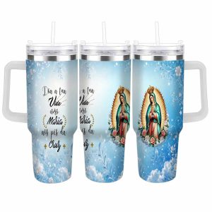 Virgin Mary Tumbler (40oz/30oz) Our Lady of Guadalupe Floral Print Insulated Stainless Steel Cup Leakproof Travel Mug Durable Handle for Religious Devotion Church Daily Prayer Spiritual Meditation Gift for Mother Women Birthday Baptism Keepsake Accessories