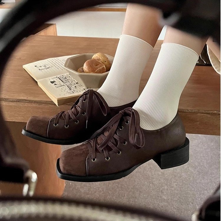 niche retro style lace-up shoes fashionable thick heel square toe shoes simple shoes