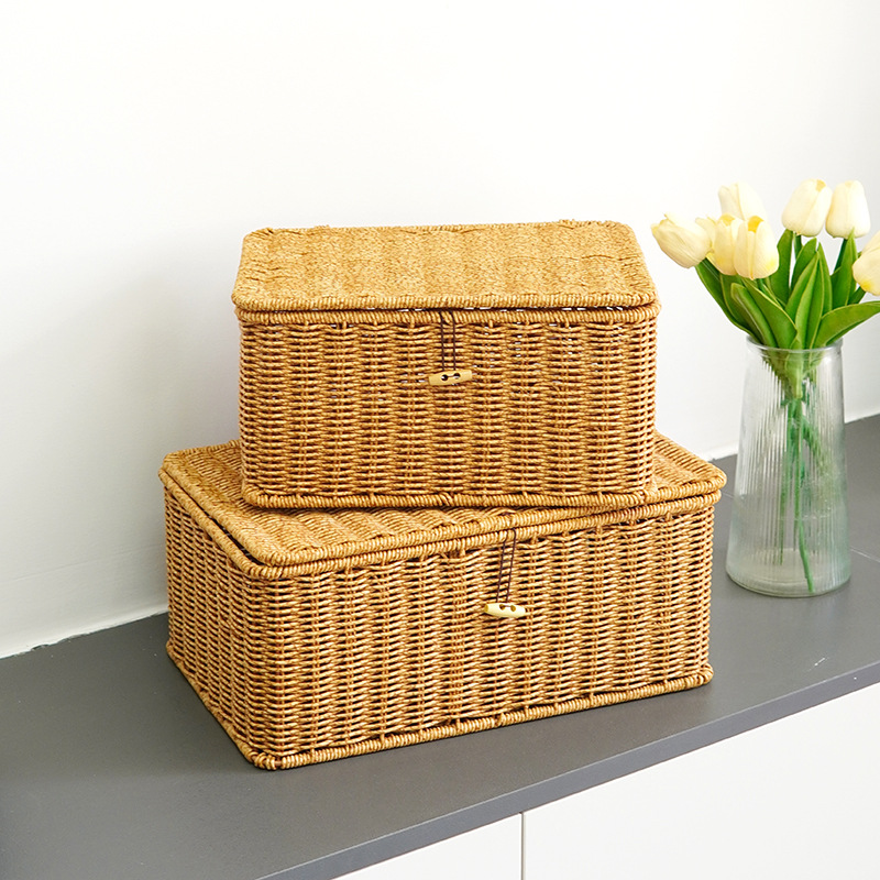Japanese-style plastic imitation rattan woven storage box with lid household storage basket desktop storage box hand-woven accessories box