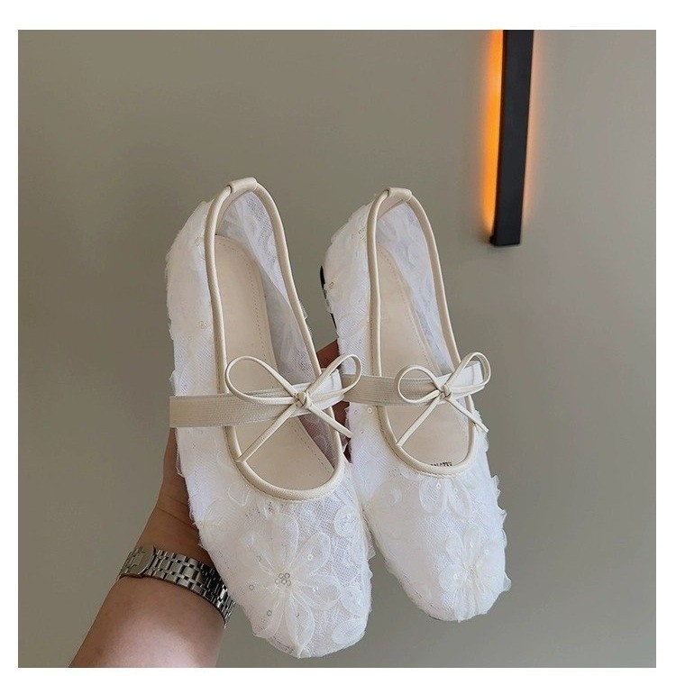 Lace mesh ballet style light mouth single shoes for women summer bow one-liner Mary Jane women's shoes