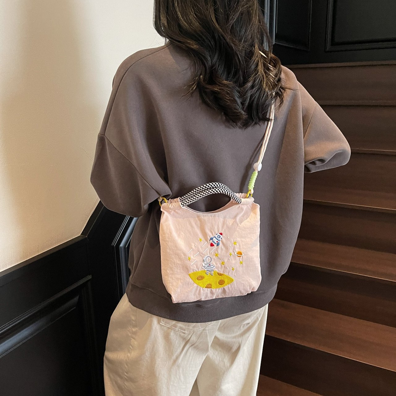 Cute cartoon large capacity shoulder bag embroidered nylon tote shopping bag commuter crossbody bag handbag