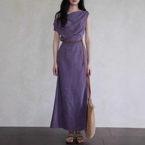 Eryang Design Weiyang New Chinese Style Slanted Neck Dress Female Temperature Purple Design Waist-Close Long Skirt