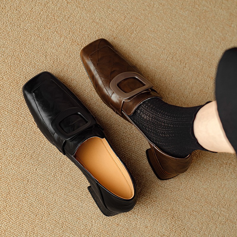 British style retro low heel small leather shoes for women with soft leather autumn square toe deep mouth shoes one foot pedal shoes