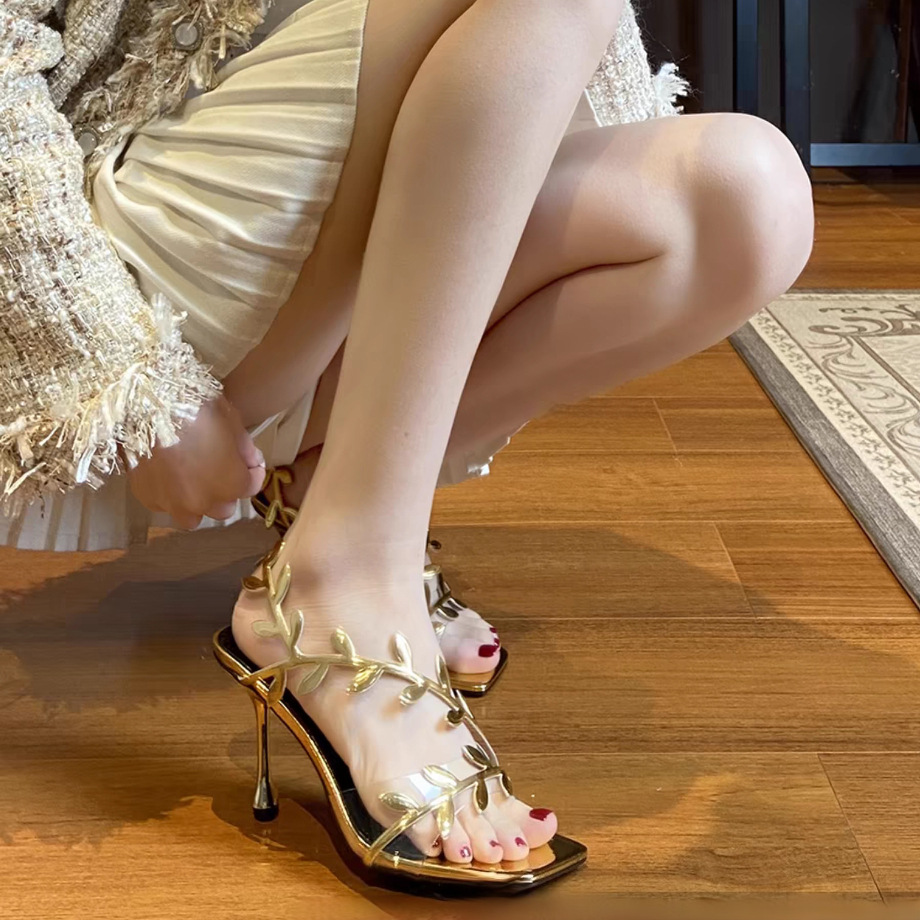 Soft leather version! The celebrity temperament slim heel sandals for women's golden branches and jade leaves summer high heels with skirt