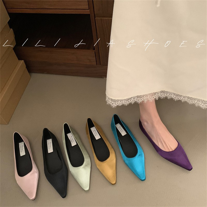French style satin pointed toe single shoes for women in summer light mouth high-end fairy gentle soft sole grandma shoes