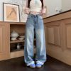 Real-life American retro lace splicing design wide-leg jeans for women with high waist slim floor trousers