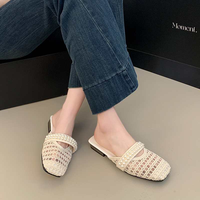 Evening gentle shoes, low heel hollowed-out half slippers for women in summer wear French sandals