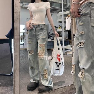 Real photo of American street blue ripped washing jeans for women in spring and summer high waist loose slimming wide-leg pants