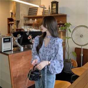 Real photo of early spring French mature style versatile collar shirt single-breasted ruffled lace-up printed top for women