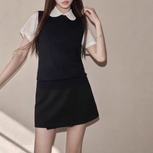/ Korean style Tennis round neck shirt Wool blend vest font hip skirt suit three-piece set