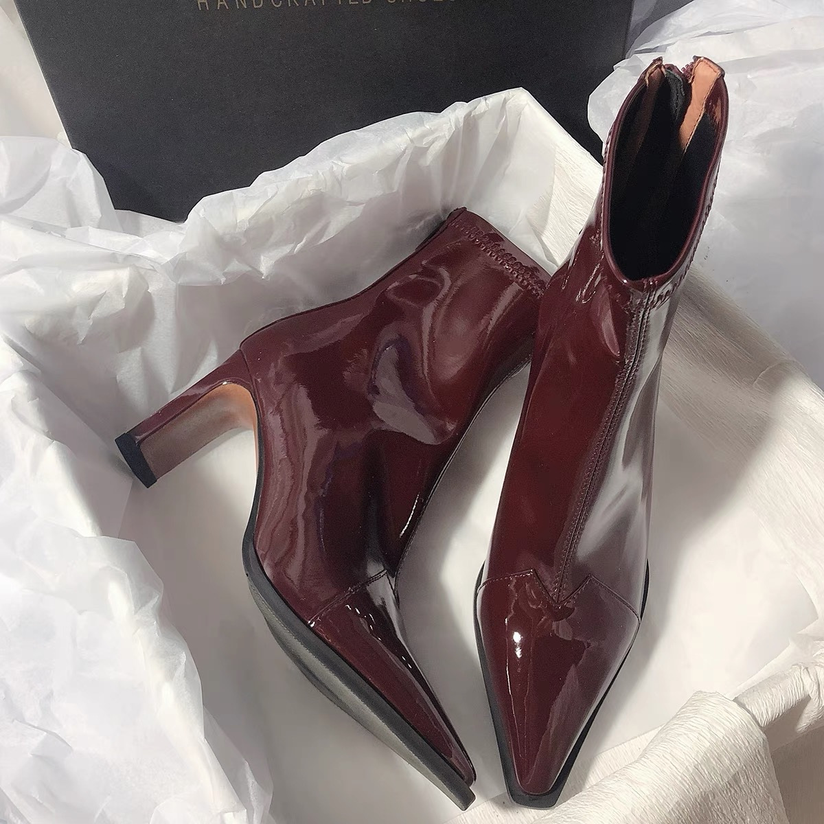 High-heeled pointed toe short boots Year autumn and winter thin heel spliced nude boots thin boots retro brown short boots