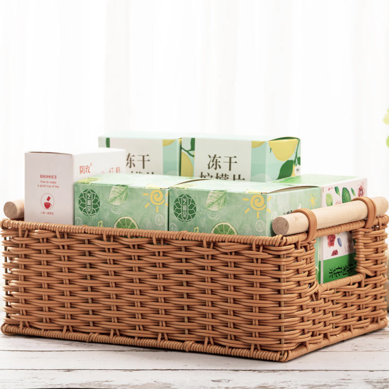 Imitation rattan basket rectangular desktop storage basket household living room debris storage basket plastic rattan snack storage box