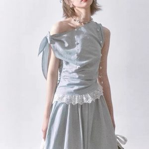 Feney Blue Breakfast Sleeveless Asymmetrical Lace Top + Long Skirt Set